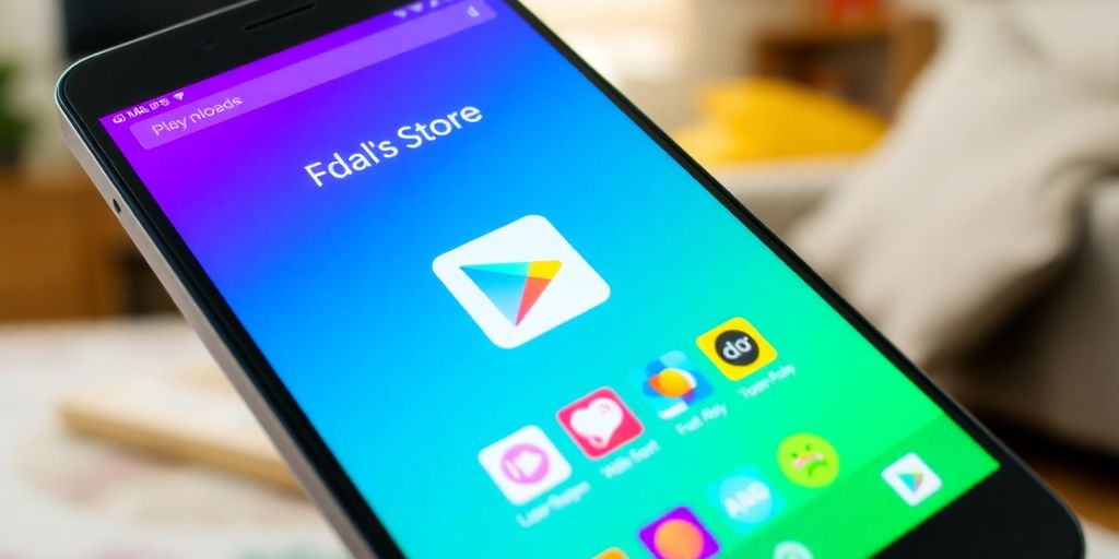 Smartphone com app Play Store e ícones coloridos.