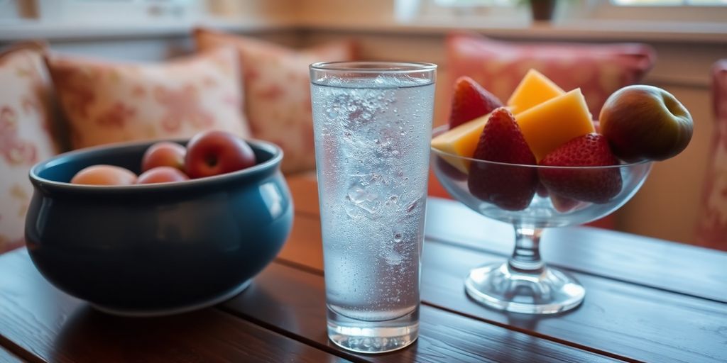 A glass of sparkling water with fresh fruit on a table.