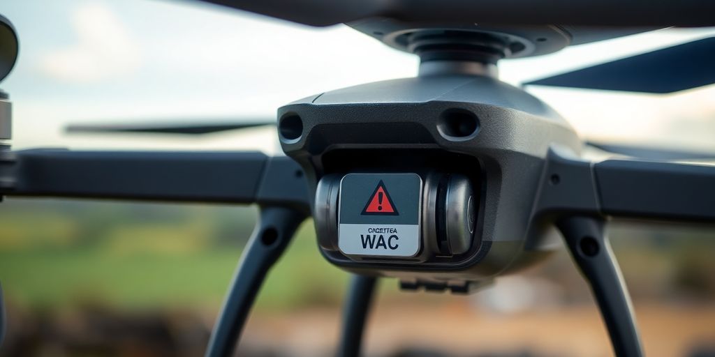 Drone marqué sur fond de paysage flou.
