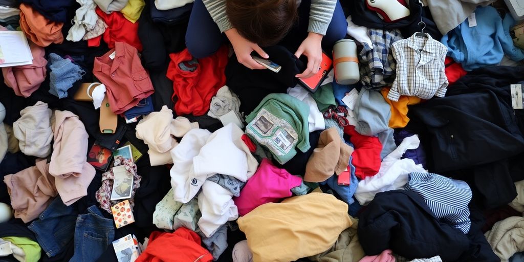 Person decluttering suitcase with clothes flying out.