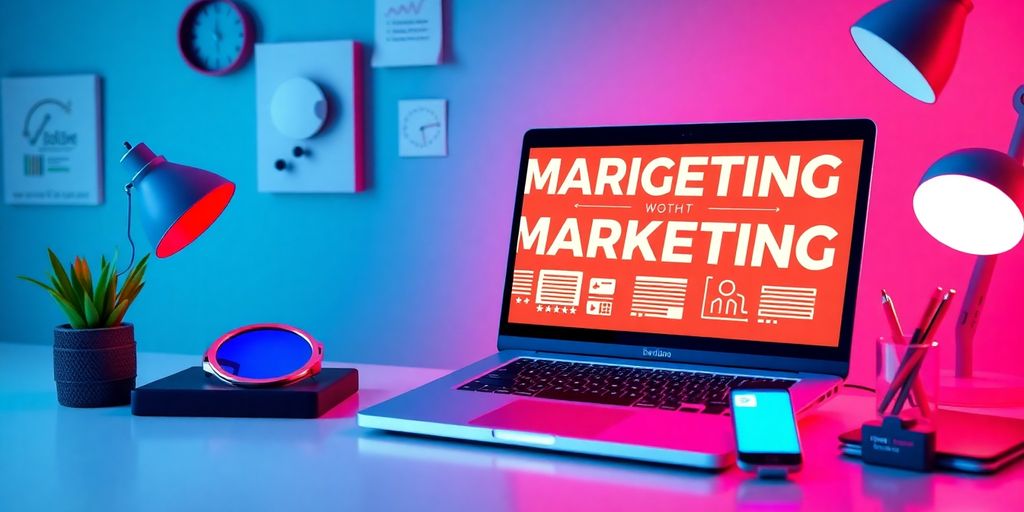Modern workspace with laptop and digital marketing tools.