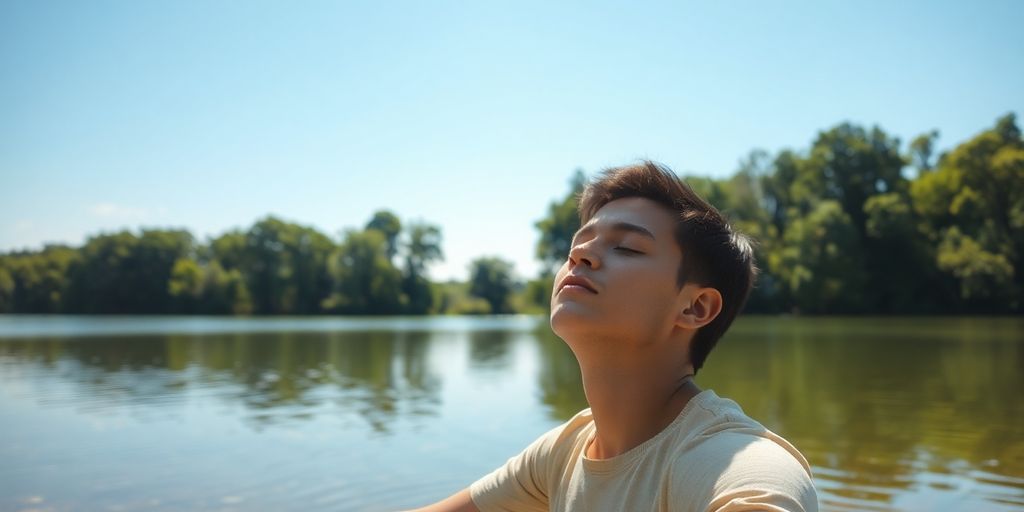 Person meditating peacefully beside quiet, sunlit lake.