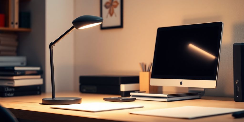 Moderne LED-bureaulamp verlicht een georganiseerde werkplek.