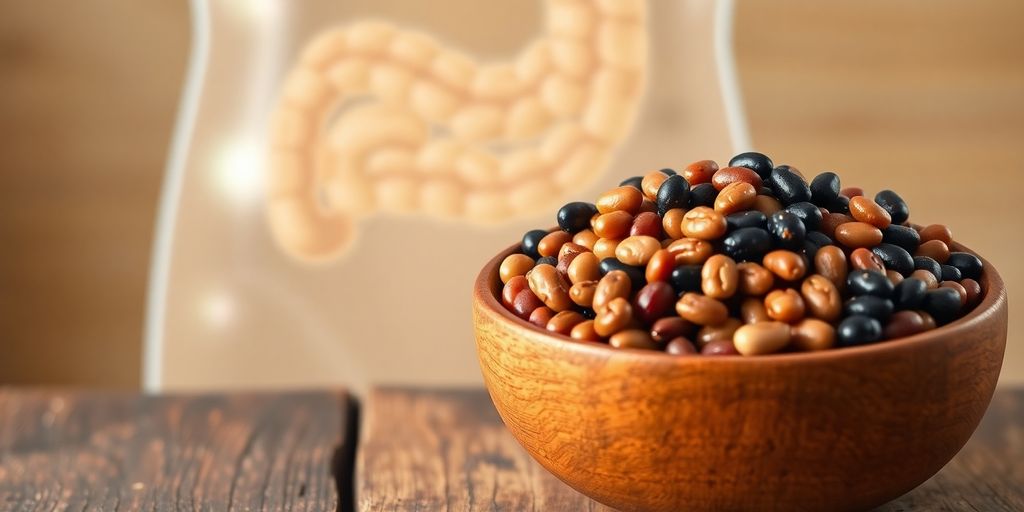 Colorful beans in bowl with side-profile intestine overlay showing fermentation