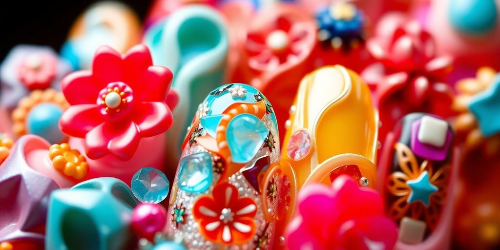Vibrant 3D sculptural press-on nails with intricate designs.