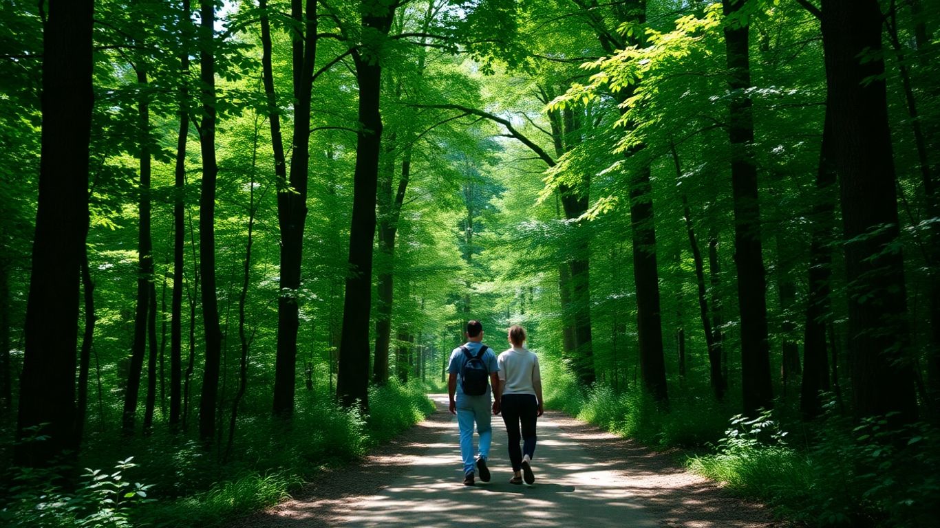 Two people walking peacefully in a sunlit green forest.
