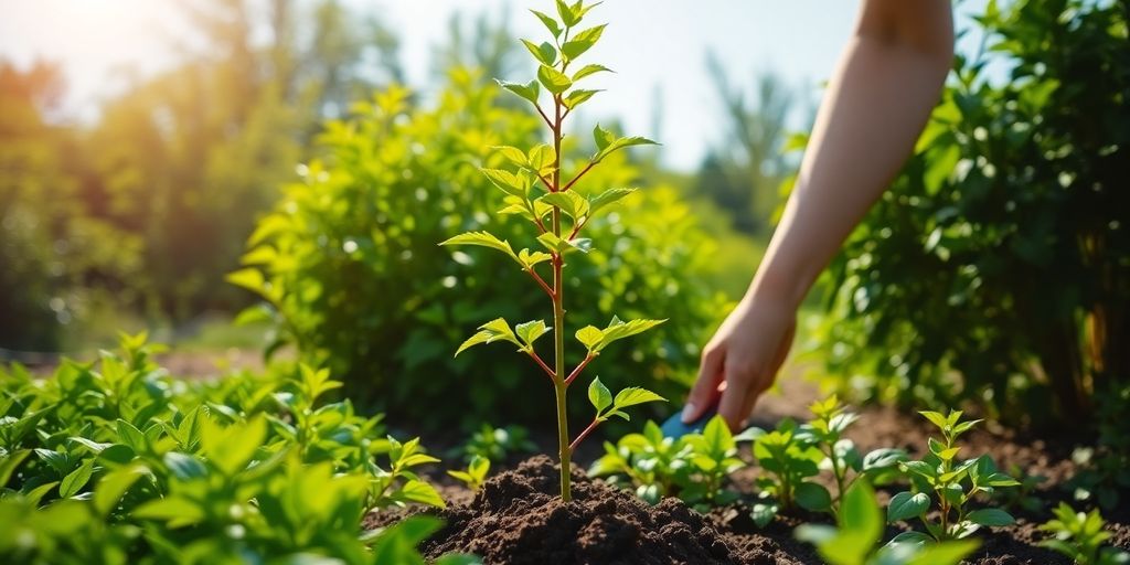 A person planting a sapling in fertile soil.