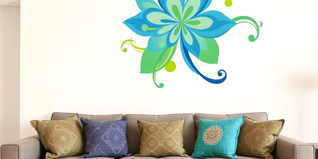 Colorful wall sticker transforming a living room space.
