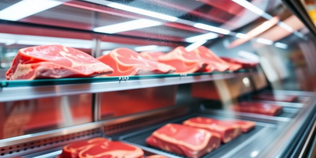 Clean meat case, sparkling glass, fresh meat.