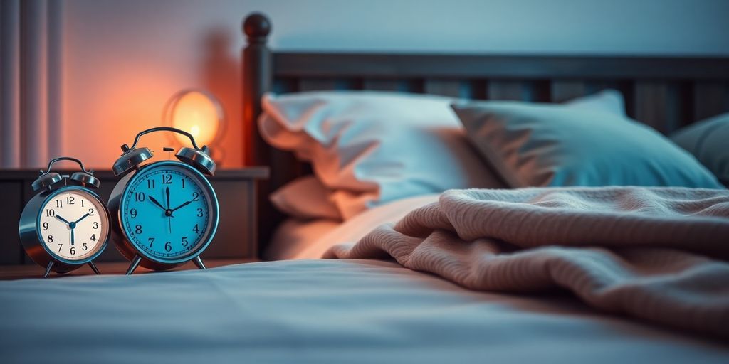 Cozy bedroom with a bedside clock and warm lighting.