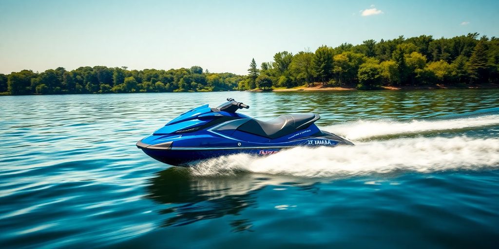 Blue Yamaha VX Limited HO jet ski on calm water.