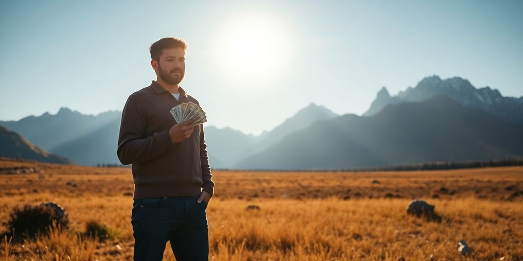 Mountains, money, and a person.