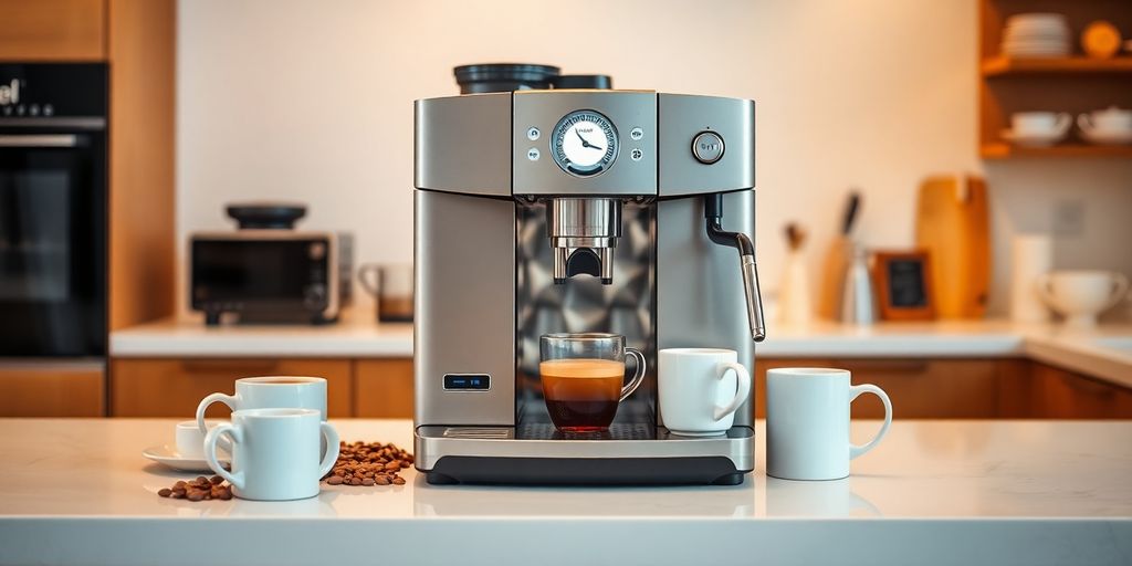 Sleek Royal Coffee Machine with beans and mugs on countertop.