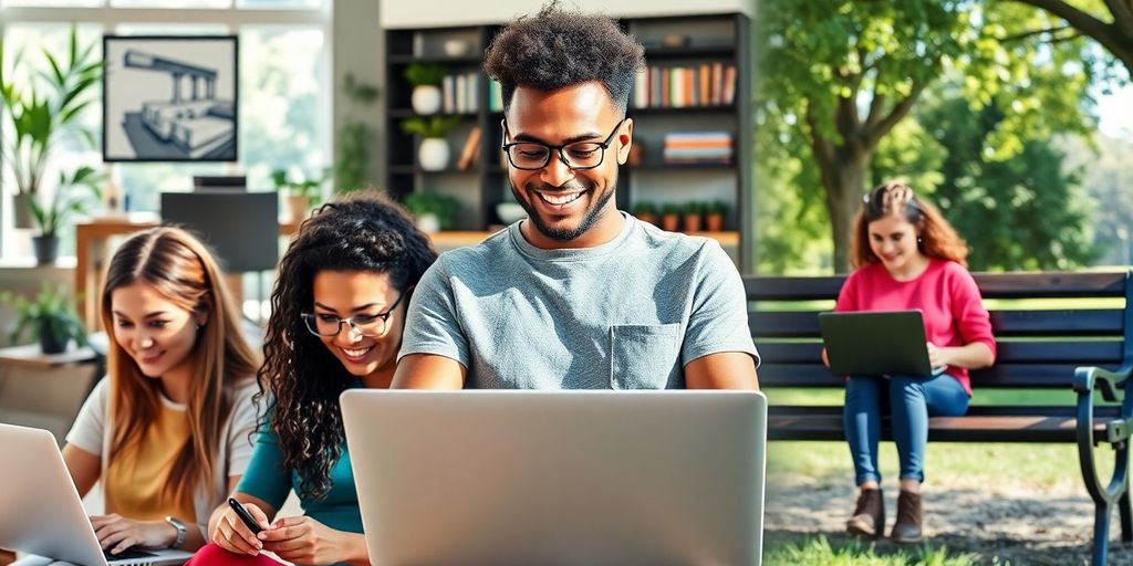 Laptop on desk with diverse people working remotely.
