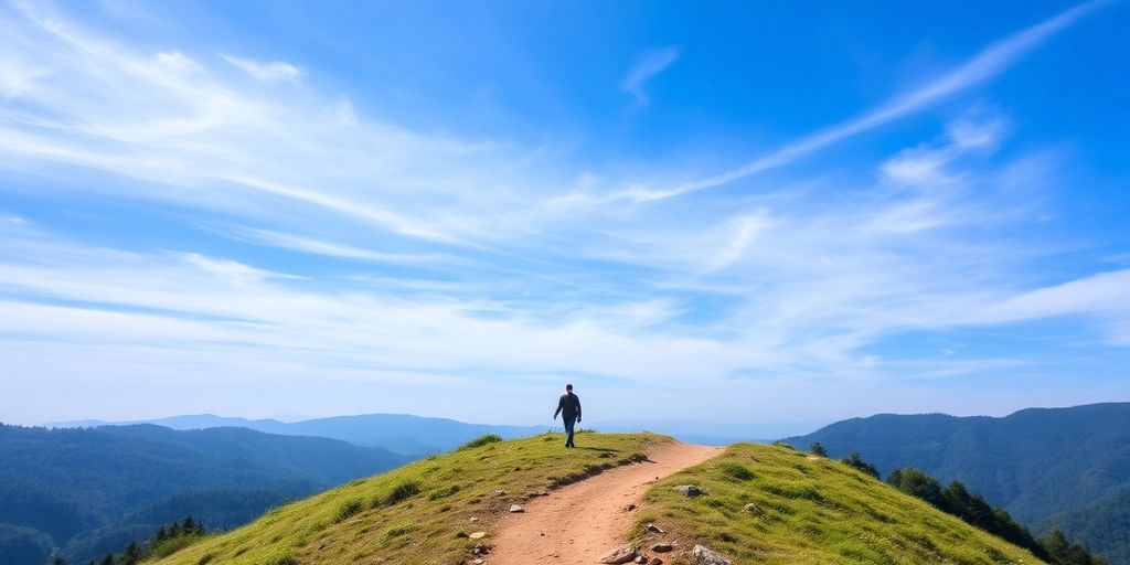 Person hiking mountain path, clear sky