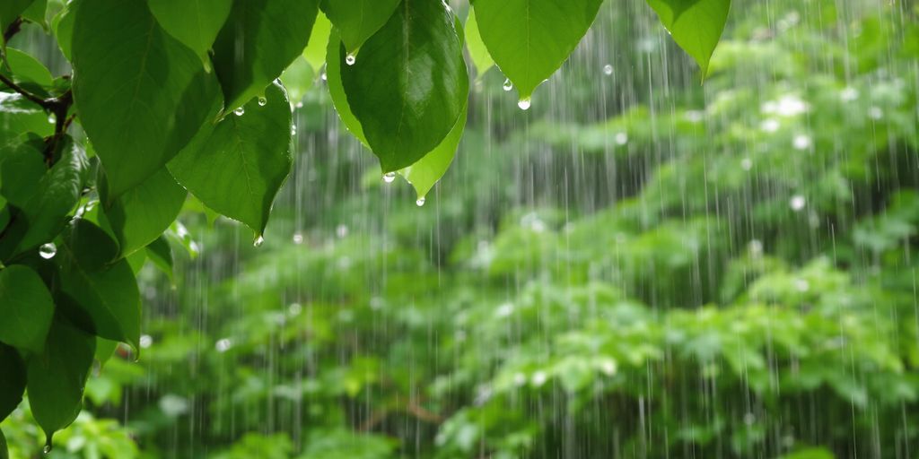 Raindrops on green leaves in a peaceful forest setting.