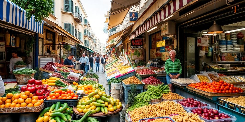 Colorful street market with fresh local food in Athens.