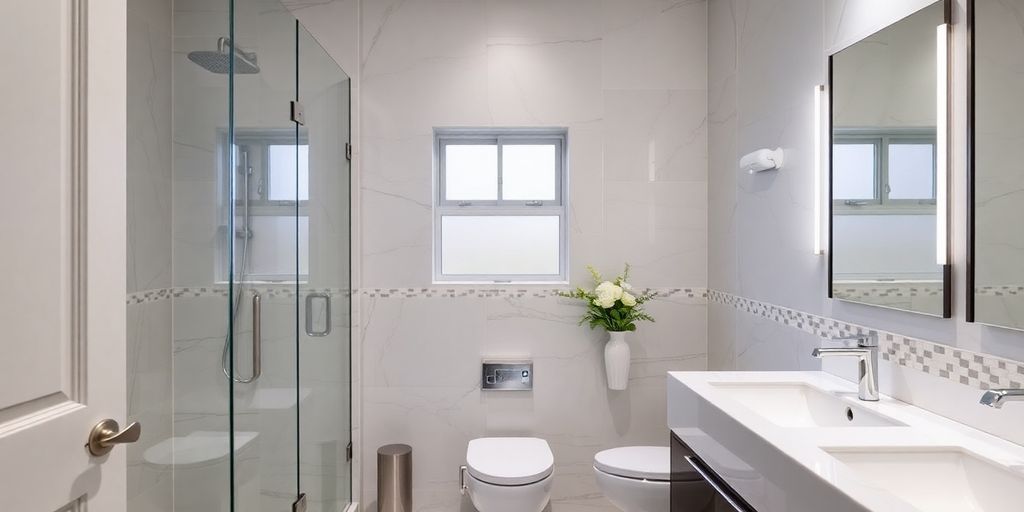 Modern bathroom with elegant fixtures and stylish lighting.