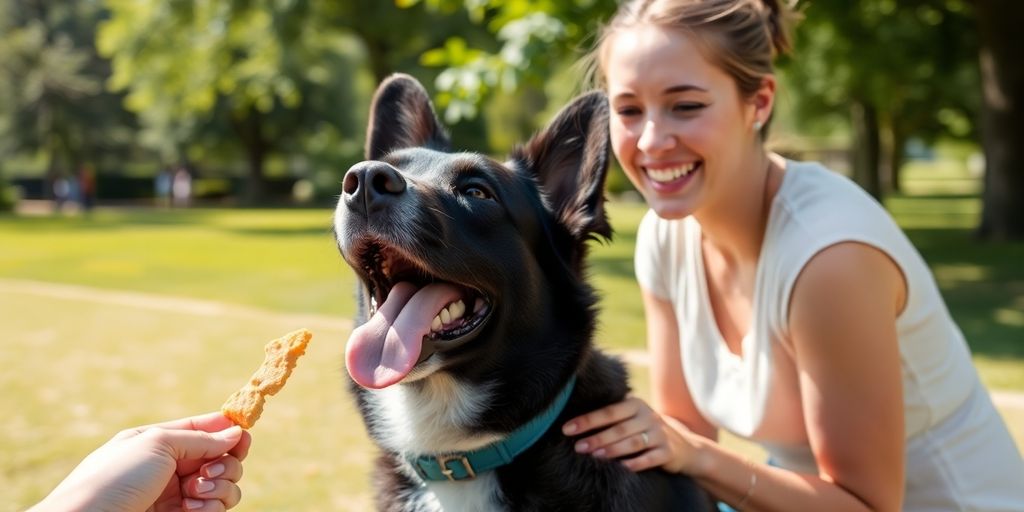Dog getting a treat from a smiling trainer outdoors.