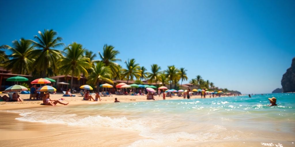 Beachgoers relax on a sandy beach under a bright sun.