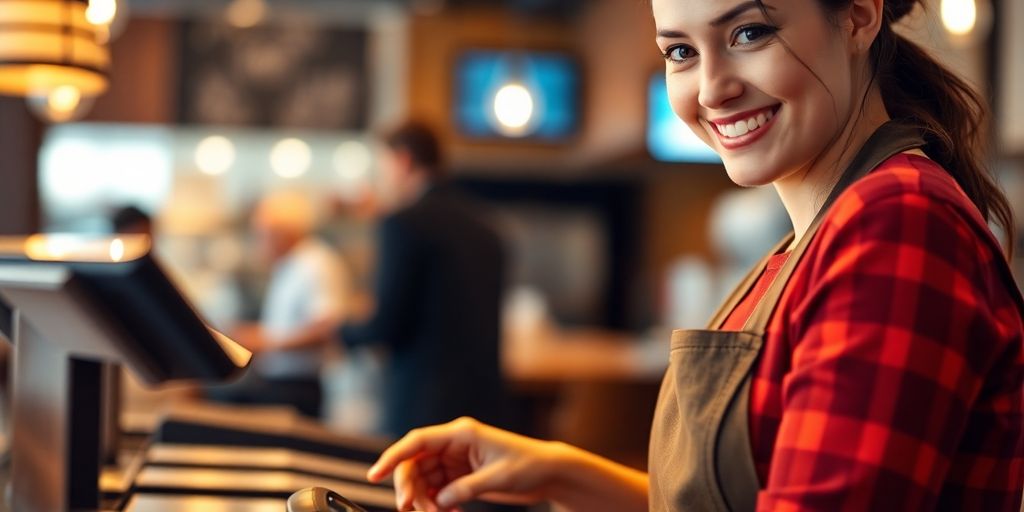 Smiling cashier, restaurant setting, friendly service.