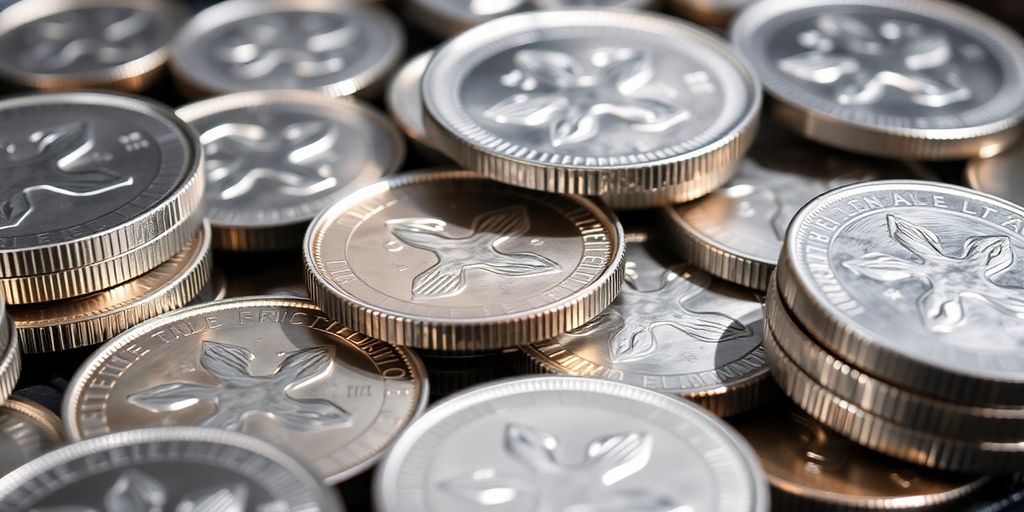 Silver coins being minted in a factory.