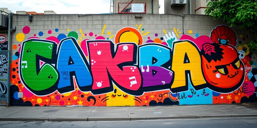 Colorful street art mural on an urban wall.