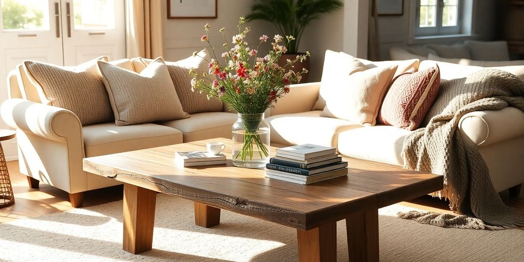 Cozy modern cottage living room with natural light.