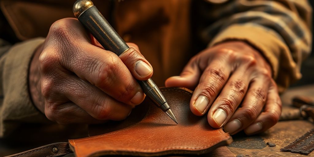 Artisan travaillant le cuir avec des outils traditionnels.