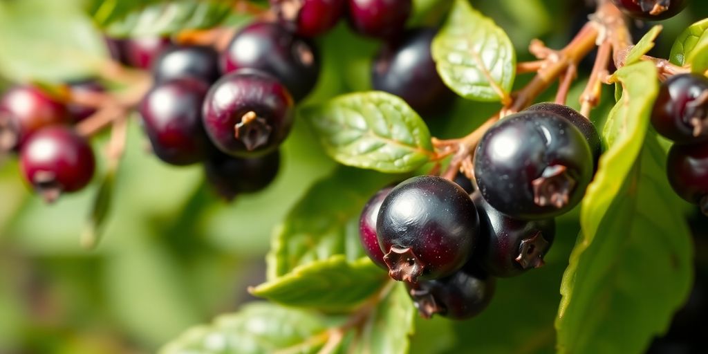 Fresh elderberries with green leaves on a branch.