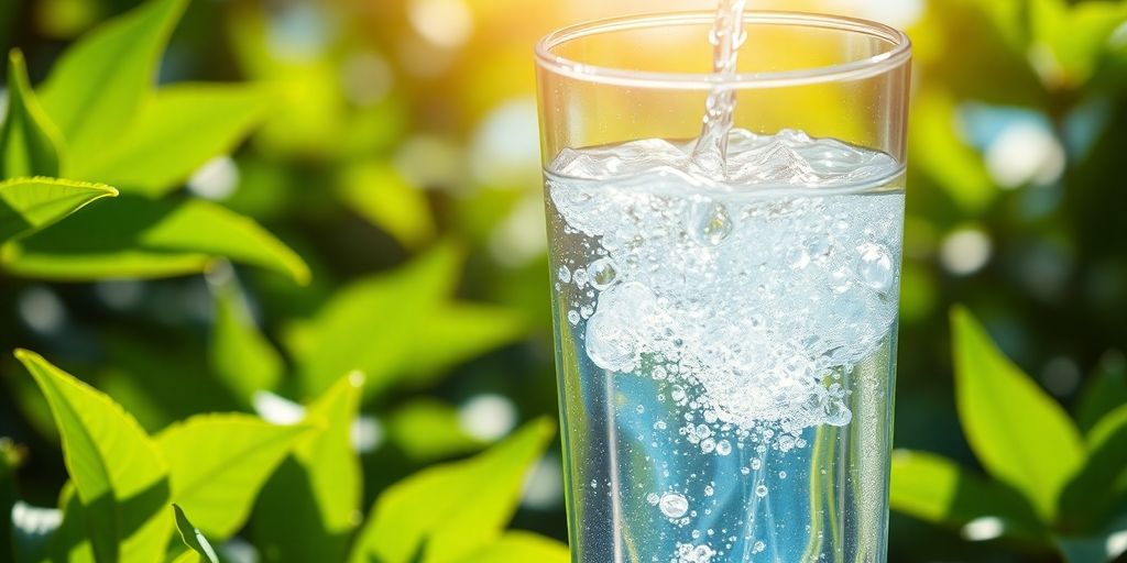 Glass of water with droplets on green leaves.