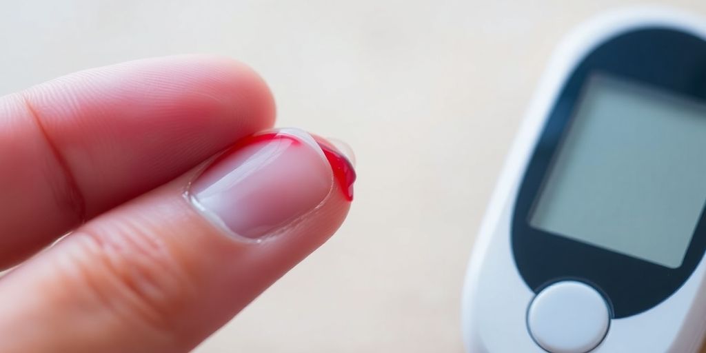 A close-up of a person's finger pricked, with a drop of blood on it, next to a blood glucose meter.