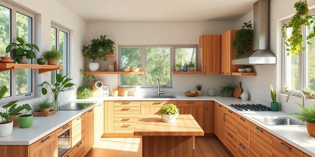 Modern eco-friendly kitchen with sustainable materials and plants.