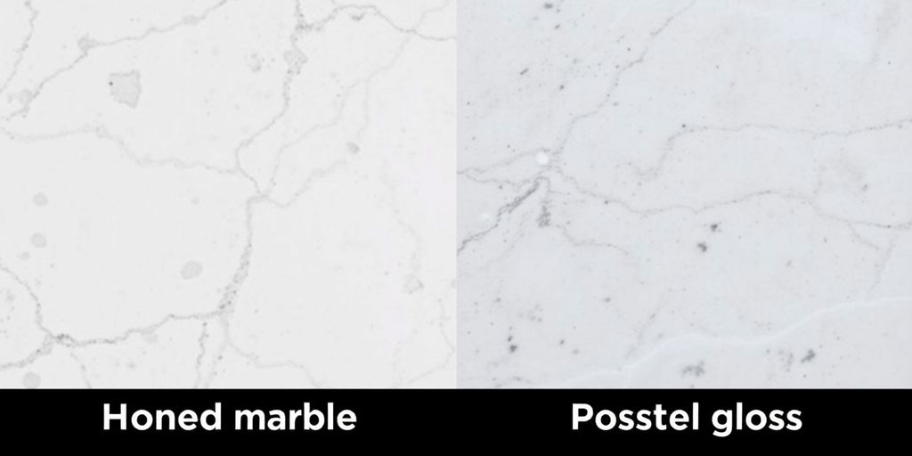 Honed and polished marble surfaces side by side.