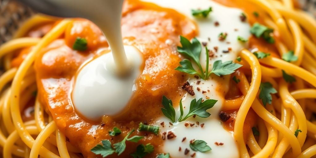 Creamy sauce and milk with fresh herbs on a table.
