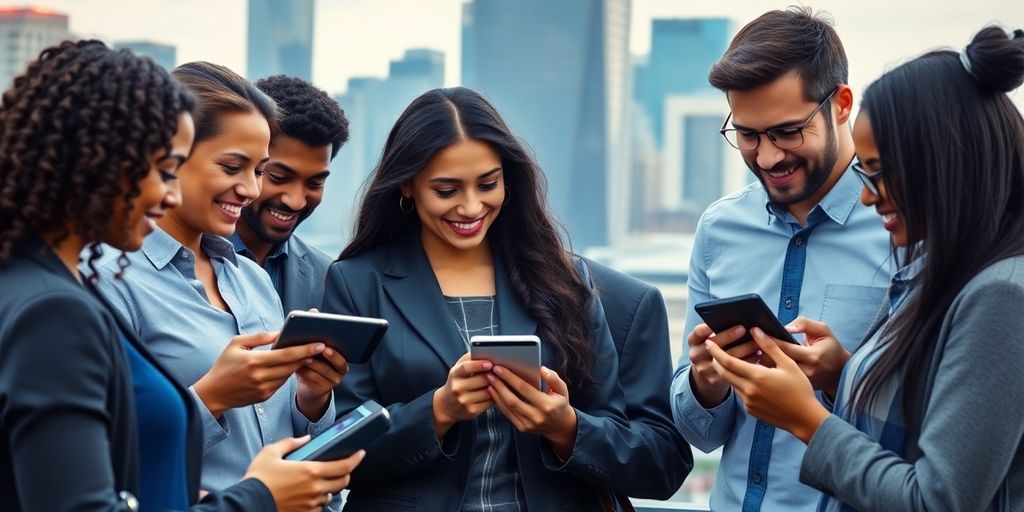 Diverse investors using mobile devices in a city setting.