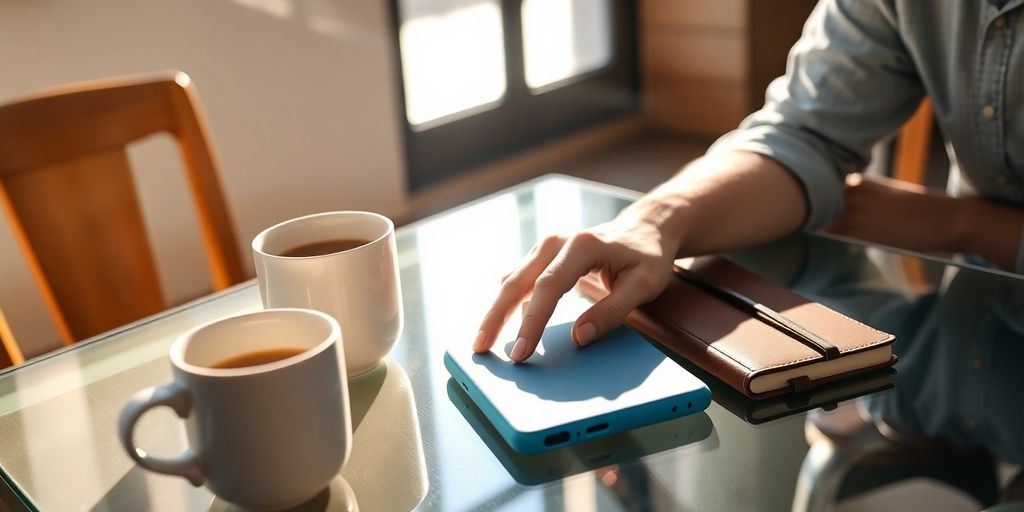 Hand tapping smartphone beside coffee mug on sunlit café table.