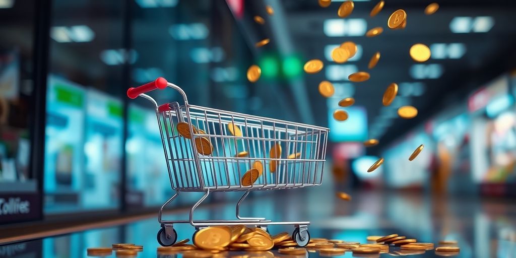 Shopping cart abandoned, digital coins flying away.