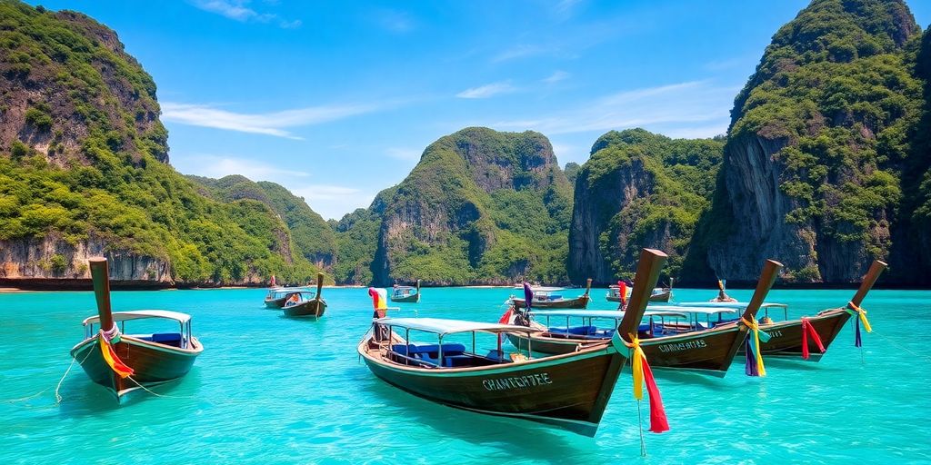 Longtail boats on turquoise water near karst islands.