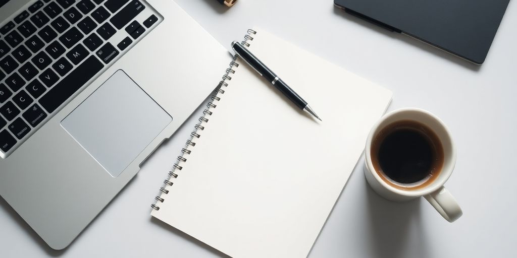 A workspace setup with a laptop and notepad.