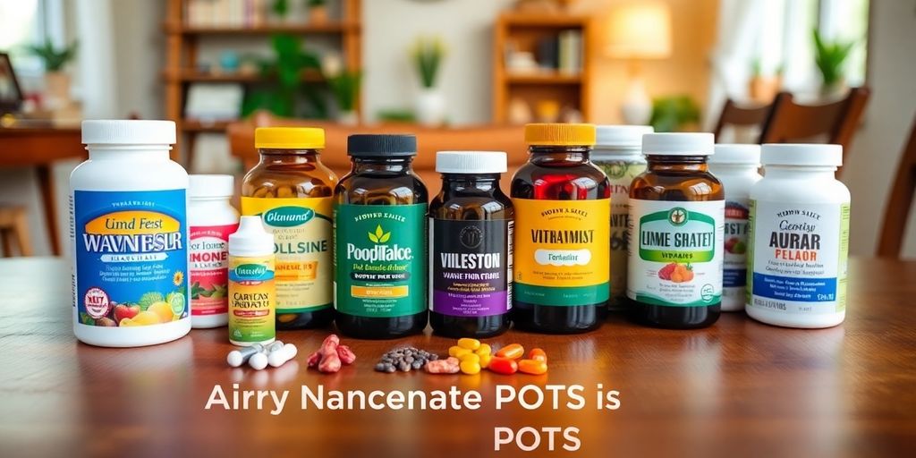 Assorted vitamin bottles on a wooden table.