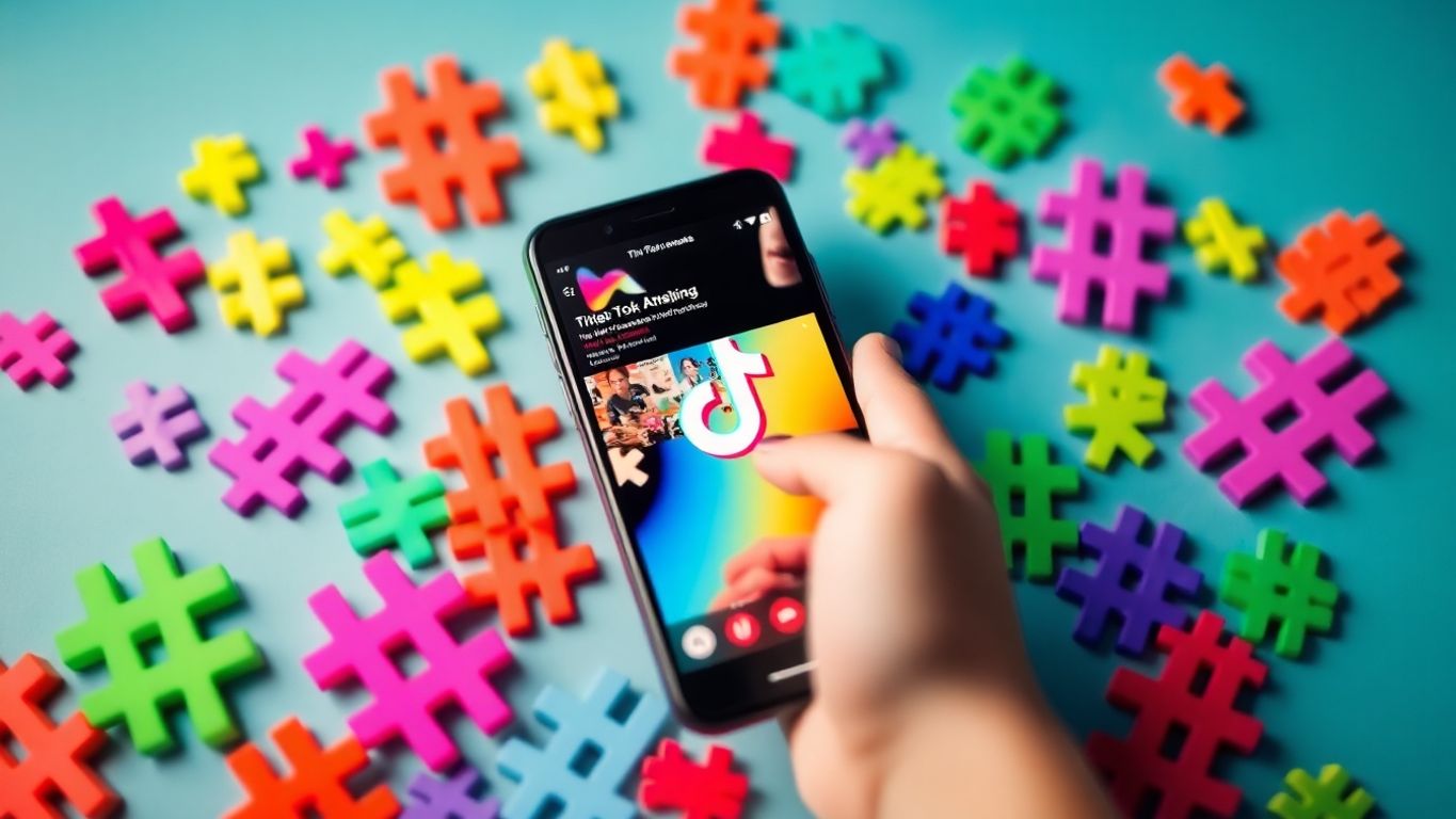 Smartphone with TikTok content and colorful hashtags.
