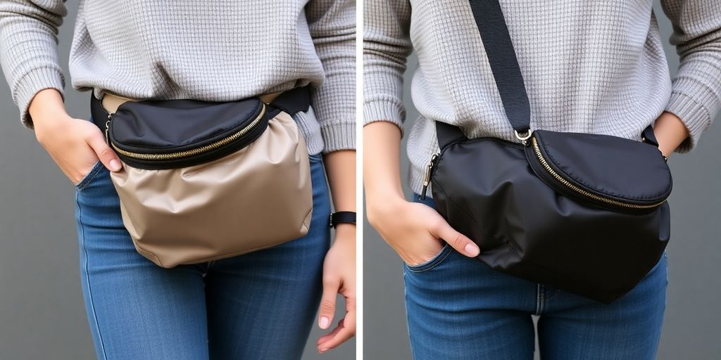 Femme portant un sac banane à la taille et en bandoulière.