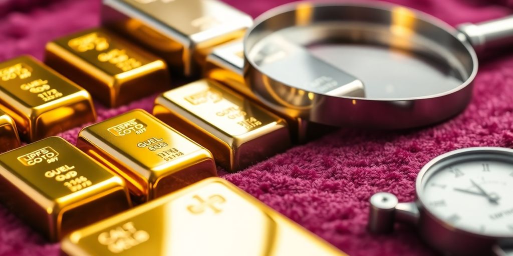 Barres d'or et d'argent sur un fond velouté.