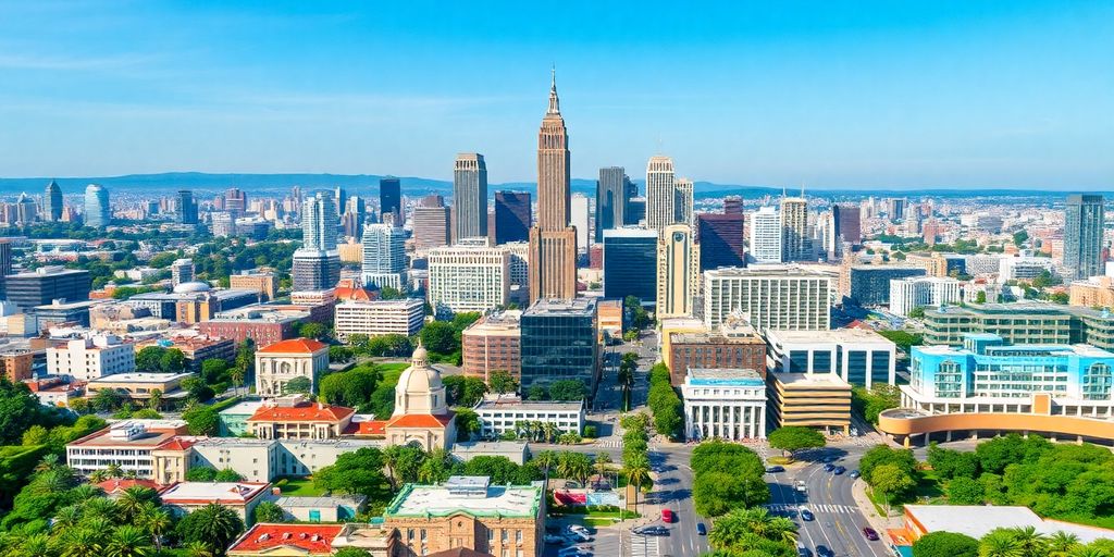Colorful California cityscape with diverse architecture and culture.