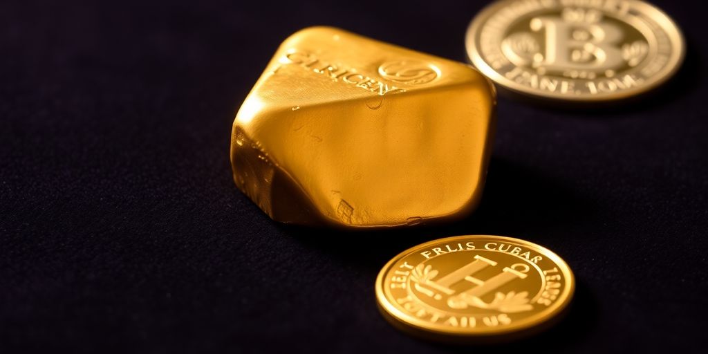 Lingots et pièces d’or sur un fond sombre.