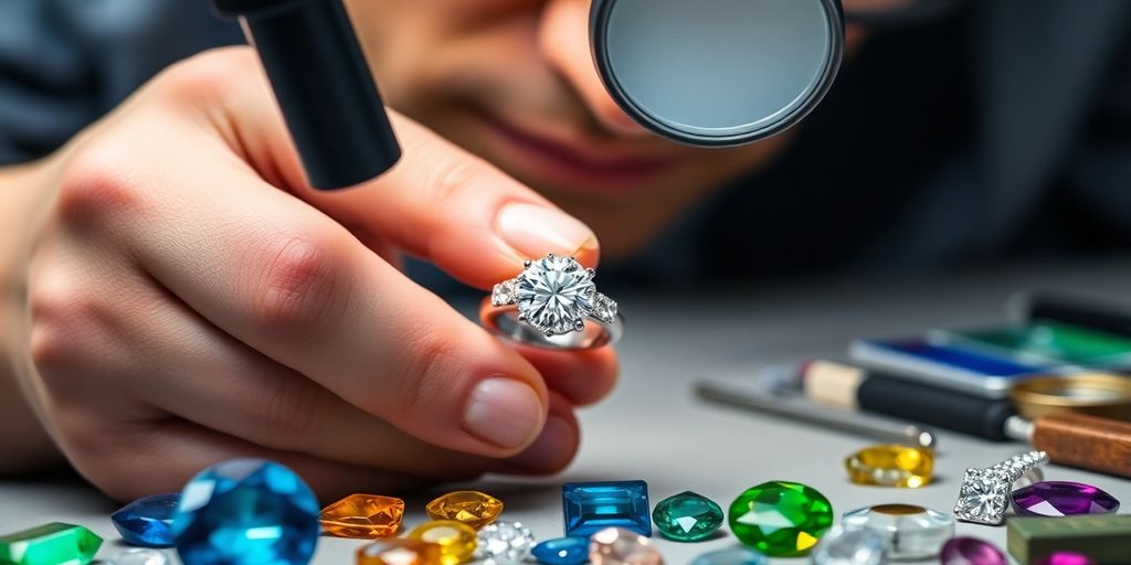 Un bijoutier examine une bague avec une loupe.