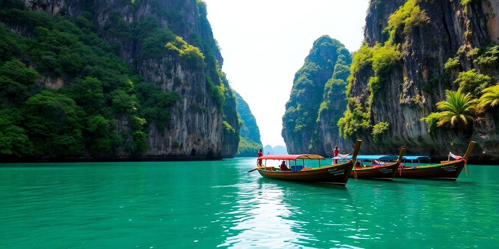 Limestone cliffs, clear water, and longtail boats in Krabi.