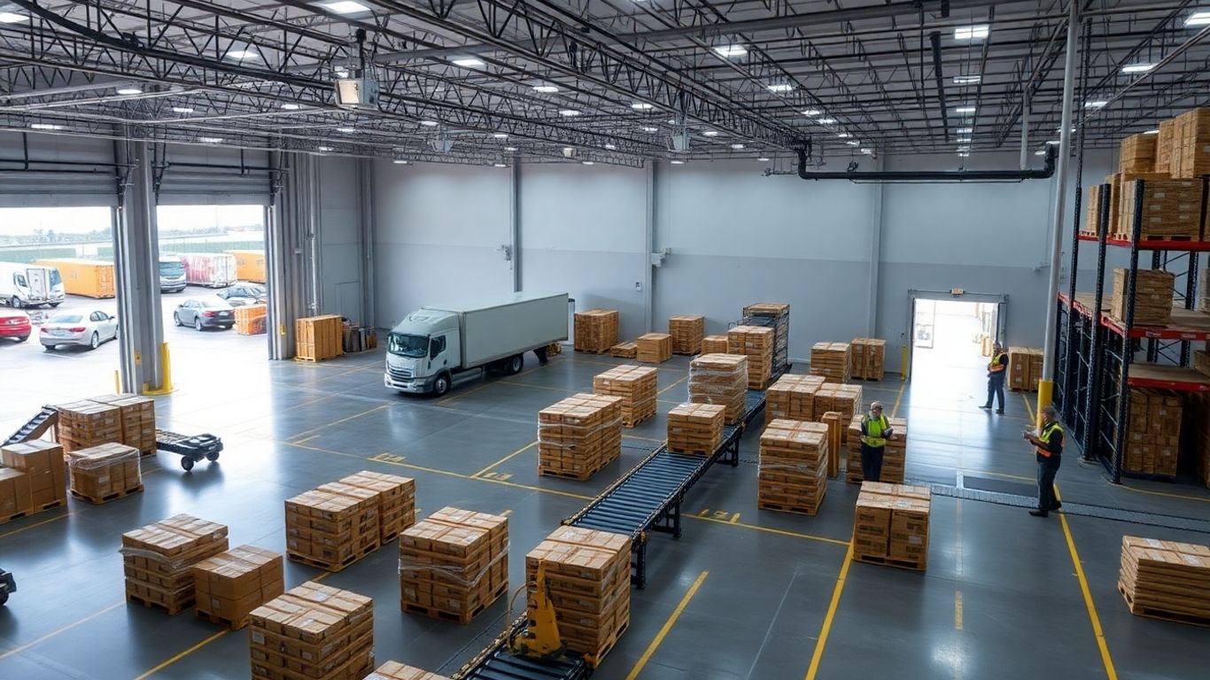 Warehouse pallets, trucks, server room, visible cabling, workers using scanners.
