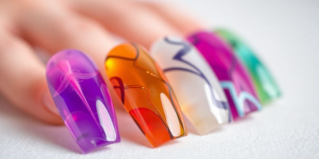 Unhas de fibra de vidro com acabamento brilhante e design.